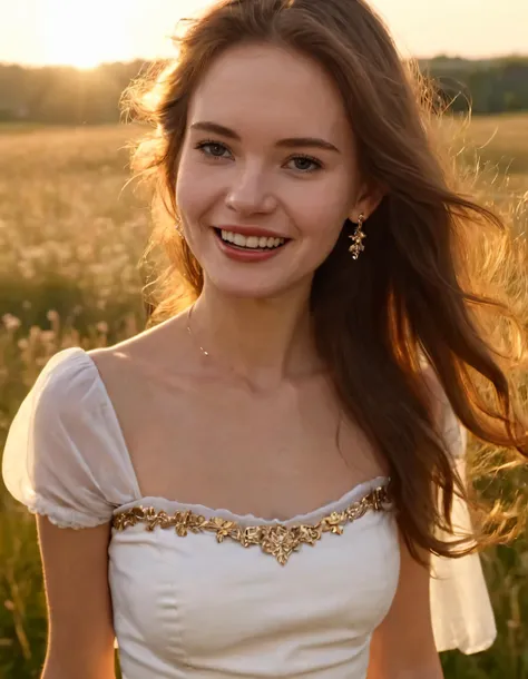 In this enchanting scene, Barbara with her warm, brown hair flows gracefully in a white skirt along the meadow, accentuating her radiant smile as golden light gleams on her teeth, casting intricate shadows of her lips and nose. Jewelry glints in the sunset, complementing her outfit while emphasizing the delicate details of her midriff and earrings. As the wind whips up her long tresses around her face, capturing this enchanting moment between Barbara and the landscape, viewers are left spellbound by its timeless beauty. <lora:tihmyv18fa82417e6t30c:1>