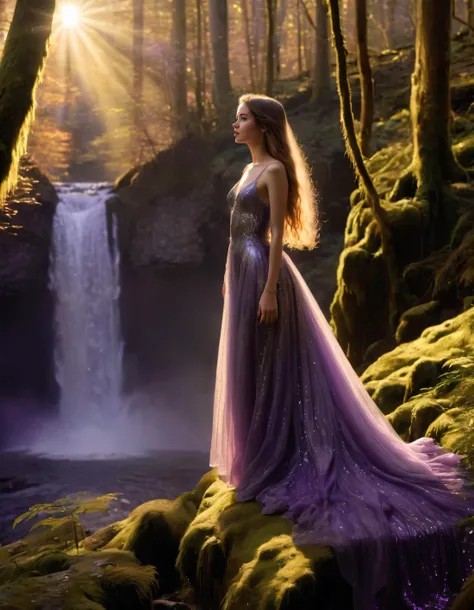 In this scene, Barbara, a mesmerizing vibrant young woman dressed in an ethereal fantasy-inspired gown of deep purple and sparkling silver, graces the majestic forest where golden sunlight glimmers through tall trees; she stands delicately on a mossy ledge overlooking a picturesque waterfall as she gazes into the distance with a serene expression that reflects her sense of longing and wonder. <lora:tihmyv18fa82417e6t30c:1>