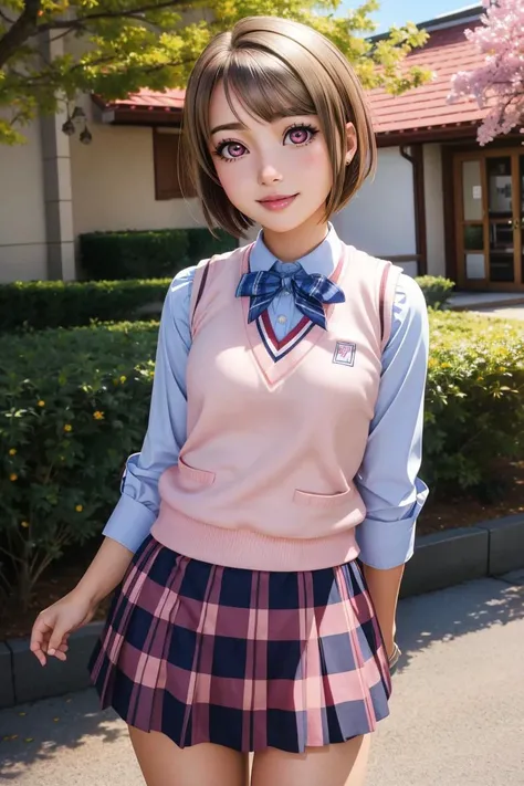 professional photo of nakasu kasumi, 1girl, (pink eyes:1.2), solo, nakasu kasumi, asymmetrical hair, short hair, single sidelock, small breasts, blue skirt, plaid, plaid skirt, sweater vest, summer uniform, nijigasaki academy school uniform,
detailed skin, detailed eyes, finely detailed hair, 
volumetric light, highrez, masterpiece, best quality,
<lora:KasumiLL_v1.1:0.7:MIDD>