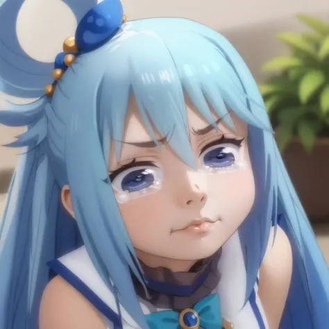 (masterpiece, best quality:1.2), solo, 1girl, ksaqua, pout, crying, v-shaped eyebrows, hair rings, blue shirt, bow, bare shoulders <lora:konosuba_aqua-10:0.9> <lora:aqua_crying_meme:0.7>