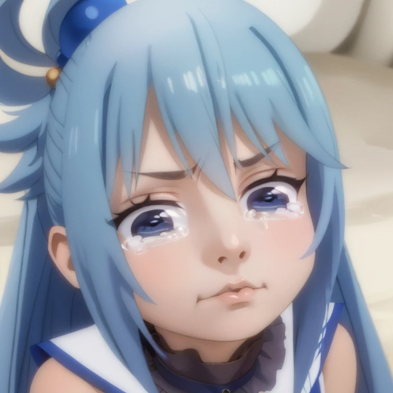 (masterpiece, best quality:1.2), solo, 1girl, ksaqua, pout, crying, v-shaped eyebrows, hair rings, blue shirt, bow, bare shoulders <lora:konosuba_aqua-10:0.9> <lora:aqua_crying_meme:0.7>