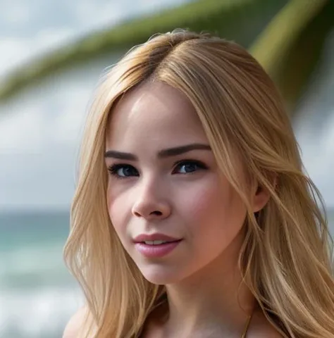 (sharp focus:1.2), photo, scotmurm, long flowing blonde hair (beautiful face:1.1), detailed eyes, luscious lips, (cat eye makeup:0.85), wearing (bikini:1.2) on a (beach:1.2), depth of field, bokeh, 4K, HDR. by (James C. Christensen:1.2|Jeremy Lipking:1.1).