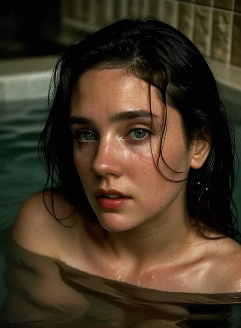 JenniferConnelly90s<lora:JenniferConnelly90s4-v15-byShurik:1>
LikenessHelpbyShurik3
In this eerie depiction, the sensual petite mom finds herself submerged in a bathtub, with only her face emerging from the water, creating a haunting scene reminiscent of a horror movie. The dim lighting casts moody shadows, adding to the unsettling ambiance. (Best quality: 1.3) Her eyes, wide with a mix of fear and desperation, gaze out from the water's surface, while her lips, slightly parted, reveal a sense of anticipation. (Masterpiece: 1.3) The artwork pays meticulous attention to the details of her face, capturing the droplets of water clinging to her skin, highlighting the contrast between the wetness and her pale complexion. (Detailed: 1.2) The close-up shot focuses on her face, emphasizing the vulnerability and distress etched in her features. (Close-up shot style: 1.3) This portrayal captures the chilling moment as she emerges from the water, surrounded by an unsettling stillness, where danger and unknown horrors may lurk just beyond. (Full body: 1.3)