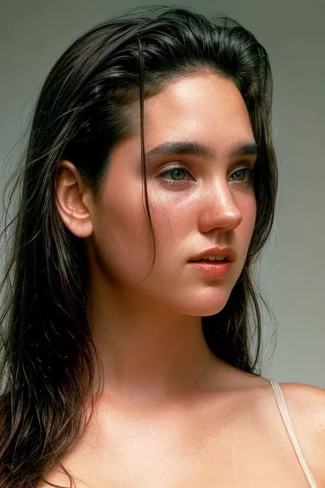 JenniferConnelly90s, full color face closeup portrait of woman, (oiled shiny skin:1.1), (slick undercut hair:1.1),
masterpiece, best quality, sharp focus, 8k highres, ultra-detailed, rim light, (grey background:1.0),
 <lora:JenniferConnelly90s4-v15-byShurik:1>