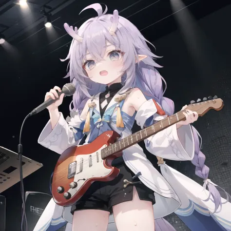 electric guitar, microphone, holding microphone, open mouth, (singing:1.2), sweat, <lora:Shiratsuyu-m:0.8>, horns, purple hair, long hair, twin braids, ahoge, pointy ears, multicolored eyes, bare shoulders, detached sleeves, wide sleeves, shirt, shorts