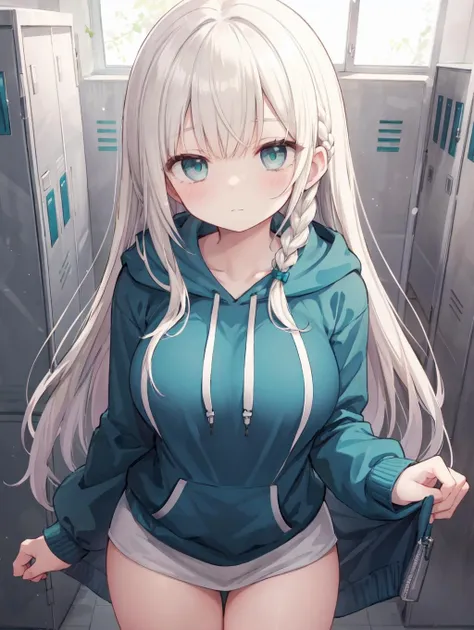 (masterpiece, best quality, highres:1.2), 1girl, large breasts, slim, school, locker room, waterfall braid, platinum blonde hair, asymmetrical bangs, teal eyes, fanning face, hoodie, distress, closed mouth