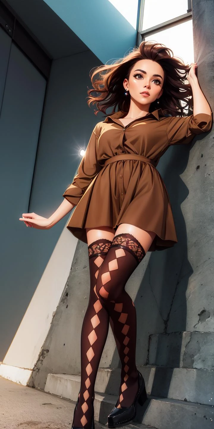 (masterpiece, best quality, ultra-detailed), (beautiful detailed face, beautiful detailed eyes, volumetric lighting),
1girl, solo, (full body, from below:1.1),
(thighhighs, slfg cloth, Gingham, (pttrn2 :1.2)),
mohawk hair, auburn hair, (brown eyes:1.1), flat chest,
stud earrings, red custom-made, (dark brown blouse),
mksks style, (beautiful detailed cliff at evening:1.2), (light particles, lens flare, chromatic aberration:1.3),