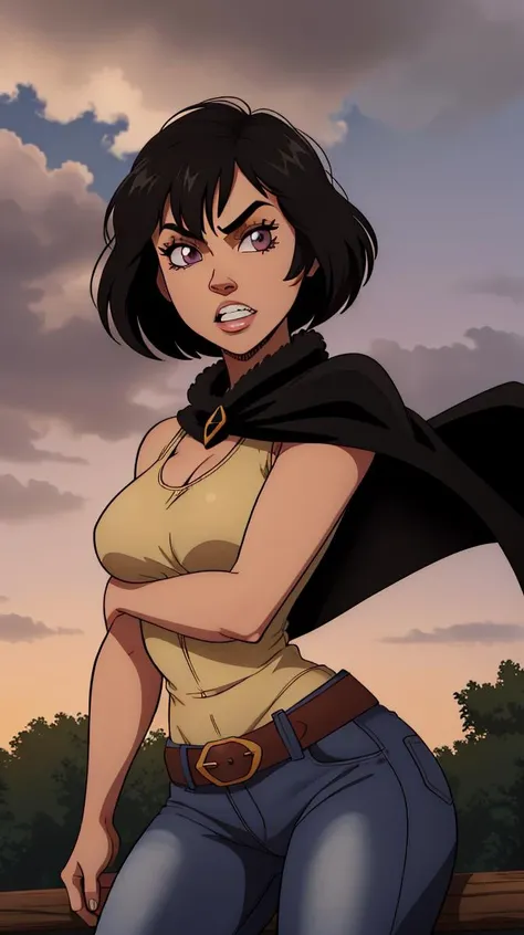 ((best quality)),((highly detailed)),masterpiece,absurdres,detailed face,beautiful face,(detailed eyes, deep eyes),1girl,((dynamic pose)) , <lora:MariellaV1:0.7>, Mariella, solo, black hair, short hair, breasts, purple eyes, cape, teeth, medium breasts, belt, cloud, tree, sky, bob cut, fur trim, cloudy sky, outdoors, serious, tank top, denim jeans