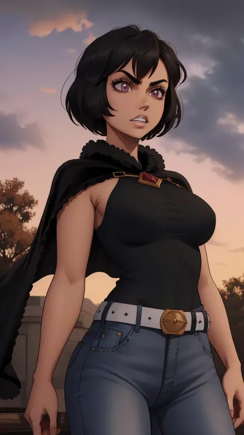 ((best quality)),((highly detailed)),masterpiece,absurdres,detailed face,beautiful face,(detailed eyes, deep eyes),1girl,((dynamic pose)) , <lora:MariellaV1:0.7>, Mariella, solo, black hair, short hair, breasts, purple eyes, cape, teeth, medium breasts, belt, cloud, tree, sky, bob cut, fur trim, cloudy sky, outdoors, serious, tank top, denim jeans