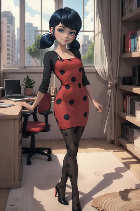 masterpiece, best quality, indoors, office, <lora:marinette:0.55> marinette, blue hair, ((red dress with black dots)), looking at viewer, detailed shadows, smile, long hair, twin tails, god rays, high heels, <lora:0352 print legwear_v1:0.4> , ruanyi0352, print legwear, black pantyhose