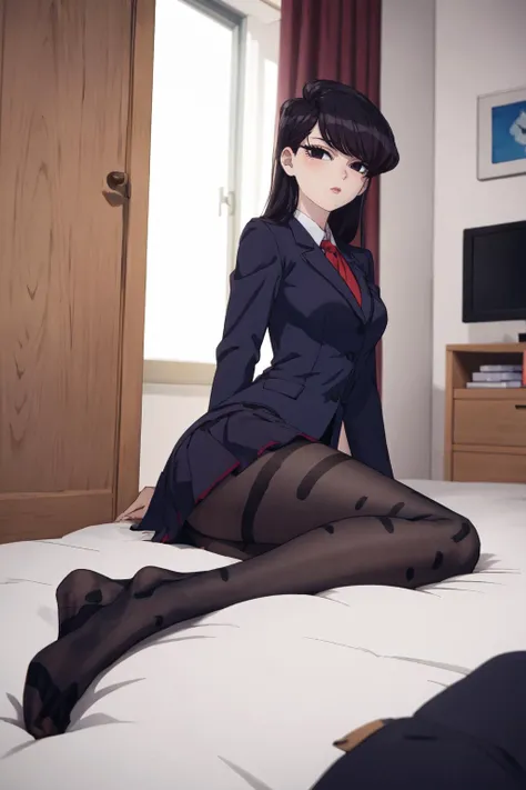 masterpiece, best quality, indoors, bedroom, looking at viewer, detailed shadows, long hair, god rays, <lora:0352 print legwear_v1:0.9> , ruanyi0352, print legwear, (black pantyhose), <lora:Shoko Komi:0.8> skirt, tights, uniform,