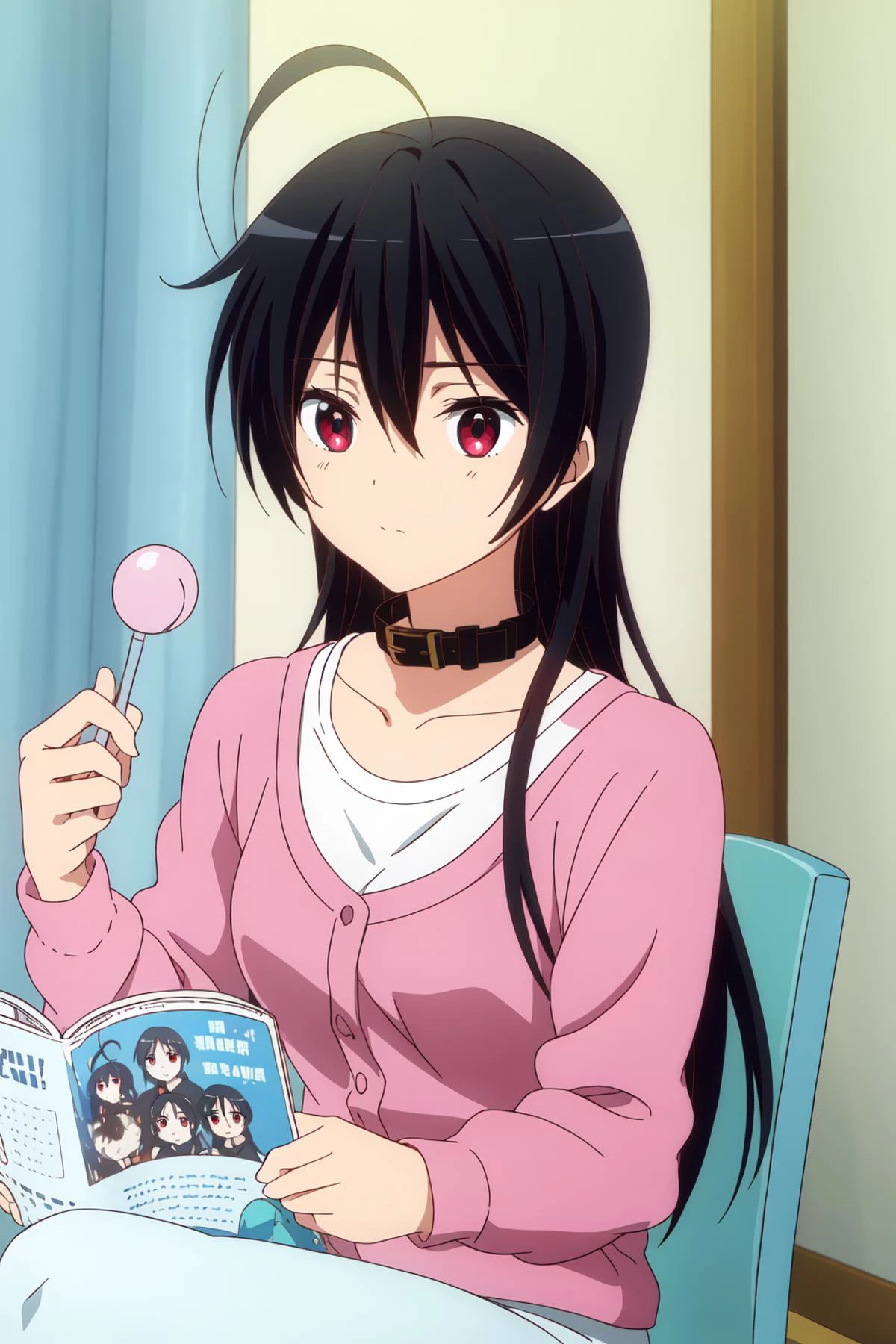 ((best quality)),((highly detailed)),masterpiece,absurdres,detailed face,beautiful face,(detailed eyes, deep eyes),(1girl),((dynamic pose)), <lora:Touka-15:0.7>Touka, 1girl, solo, red eyes, long hair, black hair, collar, cardigan, ahoge, sitting, collarbone, upper body, indoors, chair, hair between eyes, shirt, bangs, closed mouth, long sleeves, expressionless, white shirt, holding, magazine, reading