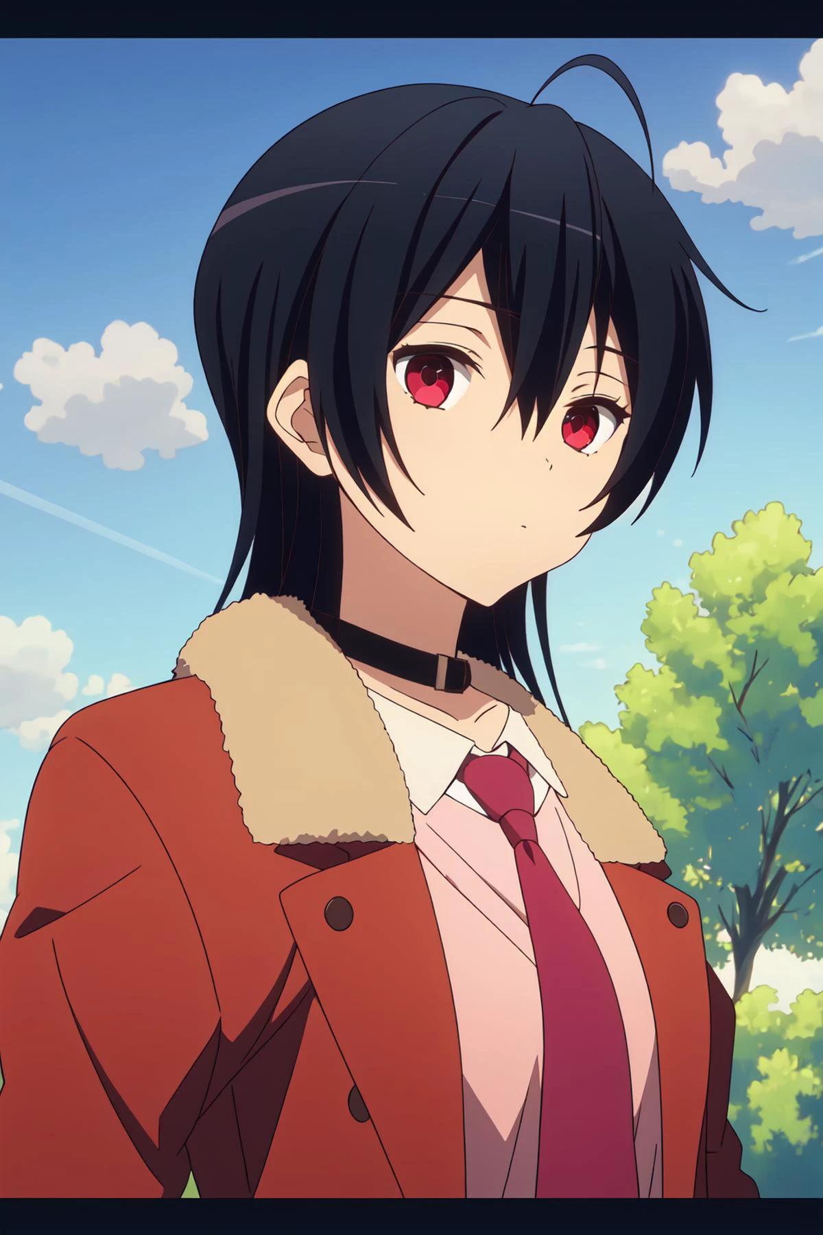 ((best quality)),((highly detailed)),masterpiece,absurdres,detailed face,beautiful face,(detailed eyes, deep eyes),(1girl),((dynamic pose)), <lora:Touka-15:0.7>, Touka, red necktie, 1girl, outdoors, solo, long hair, red eyes, sky, necktie, looking at viewer, black hair, hair between eyes, fur trim, upper body, shirt, closed mouth, day, collarbone, jacket, choker, cloud, blue sky, blurry, coat, open clothes, bangs, white background, window, collared shirt, white shirt, scenery, tree, simple background