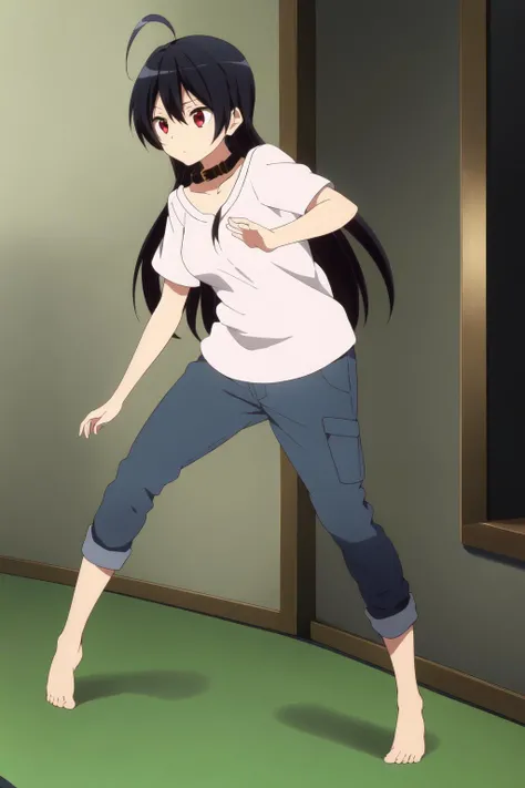 ((best quality)),((highly detailed)),masterpiece,absurdres,detailed face,beautiful face,(detailed eyes, deep eyes),(1girl),((dynamic pose)), <lora:Touka-15:0.7>Touka, 1girl, solo, long hair, barefoot, black hair, ahoge, pants, collar, red eyes, standing, from side, casual