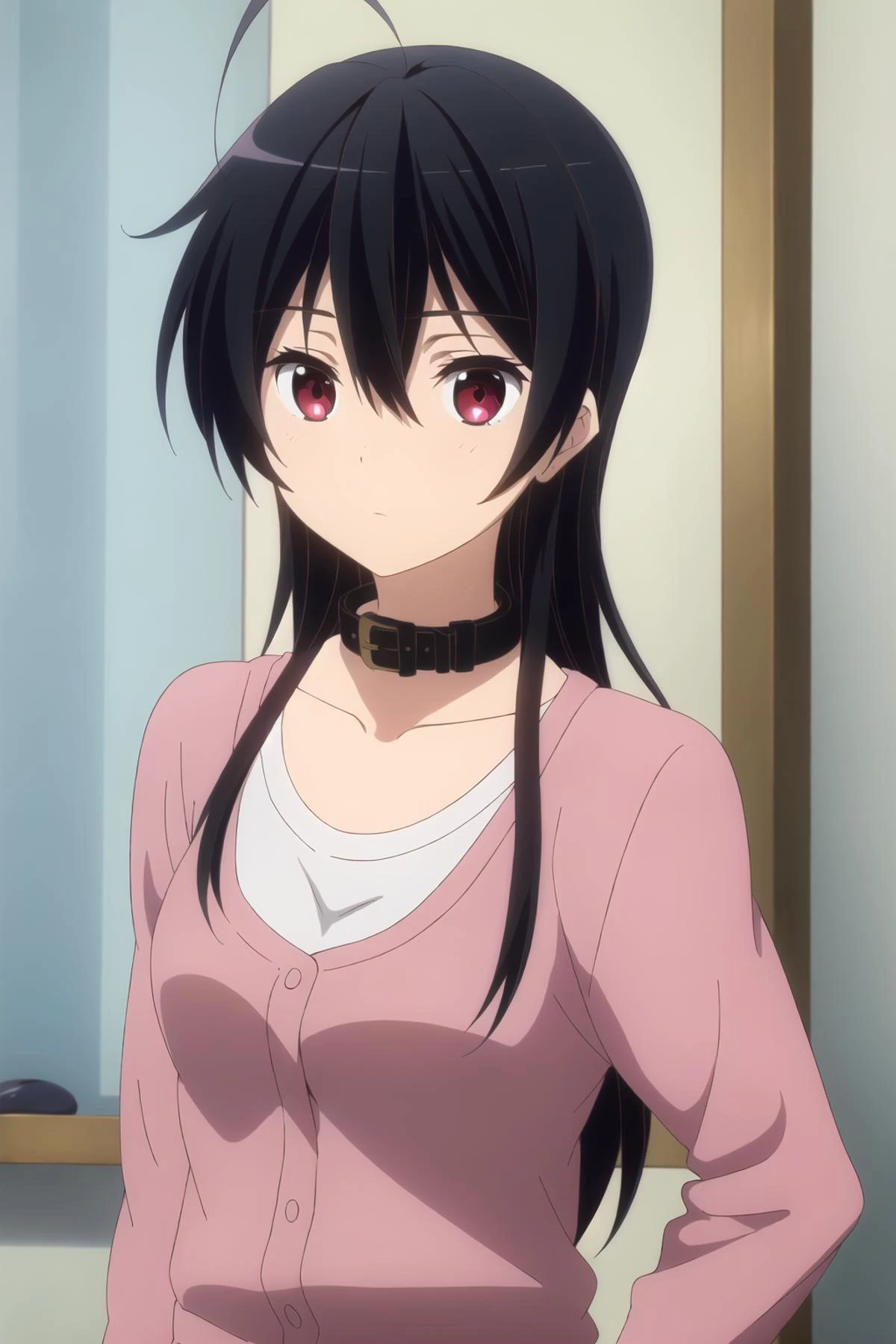 ((best quality)),((highly detailed)),masterpiece,absurdres,detailed face,beautiful face,(detailed eyes, deep eyes),(1girl),((dynamic pose)), <lora:Touka-15:0.7>Touka, 1girl, solo, long hair, black hair, red eyes, ahoge, collar, cardigan, collarbone, shirt, hair between eyes, white shirt, standing, indoors, upper body, bangs, blurry, looking at viewer, simple background, long sleeves, expressionless