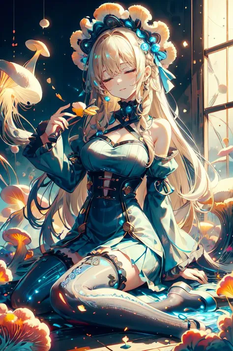 ultra detailed, masterpiece, best quality, solo, soft smile, light smile, white and blue theme, blue clothes, sleeping, head tilt, against wall, absurdly long hair, 
1girl, very long hair, blonde hair, long blonde hair, french braid, bangs, medium breasts,
hair ribbon, frilled choker, criss-cross halter, sleeveless dress, high-waist skirt, backless dress, waist bow, detached sleeves, frilled sleeves, wide sleeves, pantyhose, patterned legwear, mary janes,   <lora:MyceliumTech:1> myceliumtech, scifi, Psychedelic , Mycelia, spongy