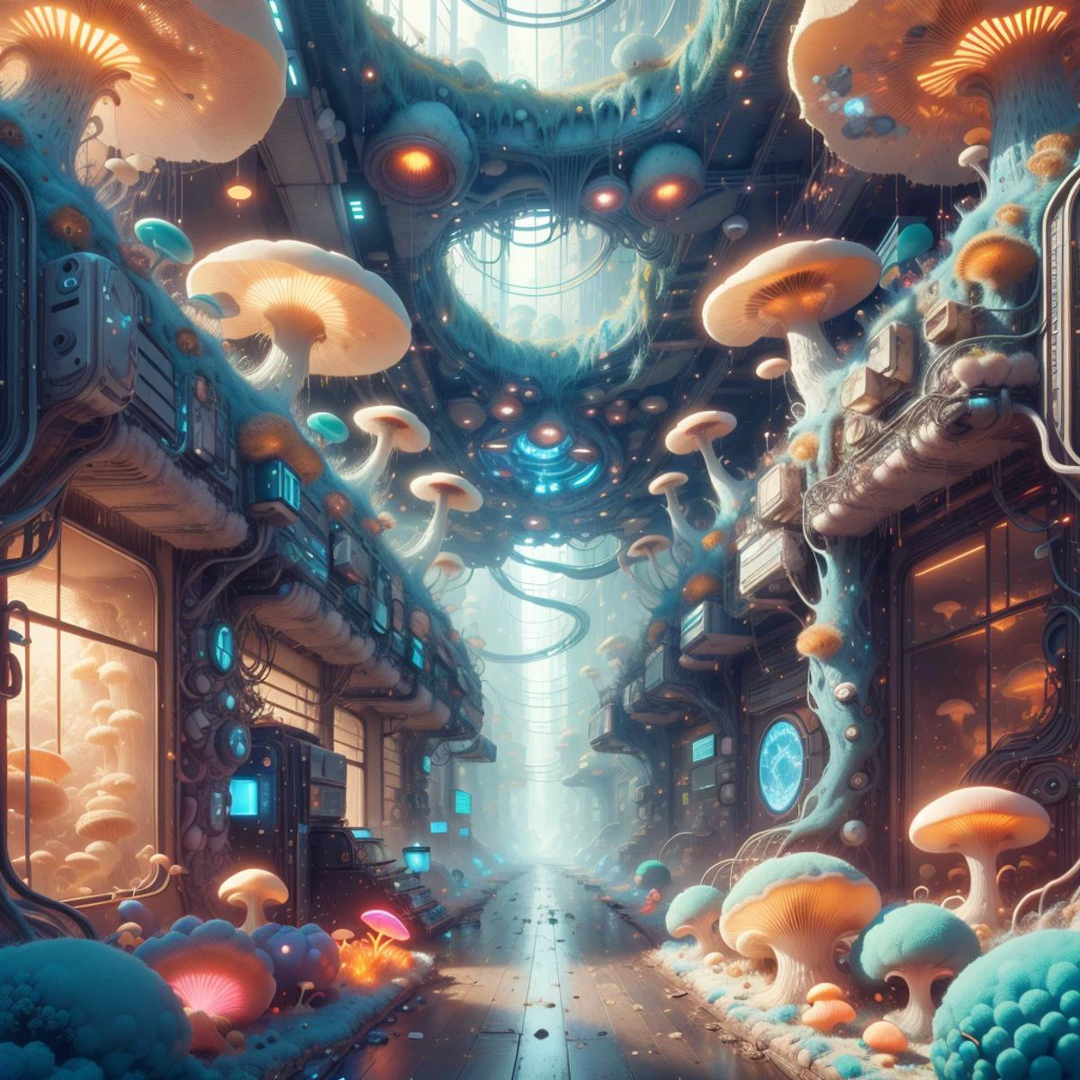 <lora:MyceliumTech-21:0.8>, myceliumtech , scifi, Psychedelic ,Mycelia,spongy,
shopping mall , indoors,