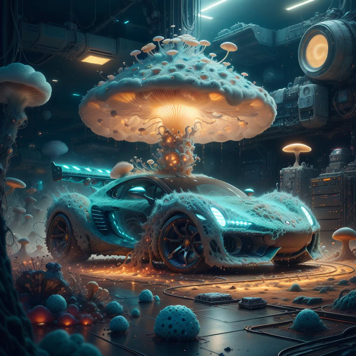 <lora:MyceliumTech-21:0.8>, myceliumtech , scifi, Psychedelic ,Mycelia,spongy,
ground vehicle, sports car