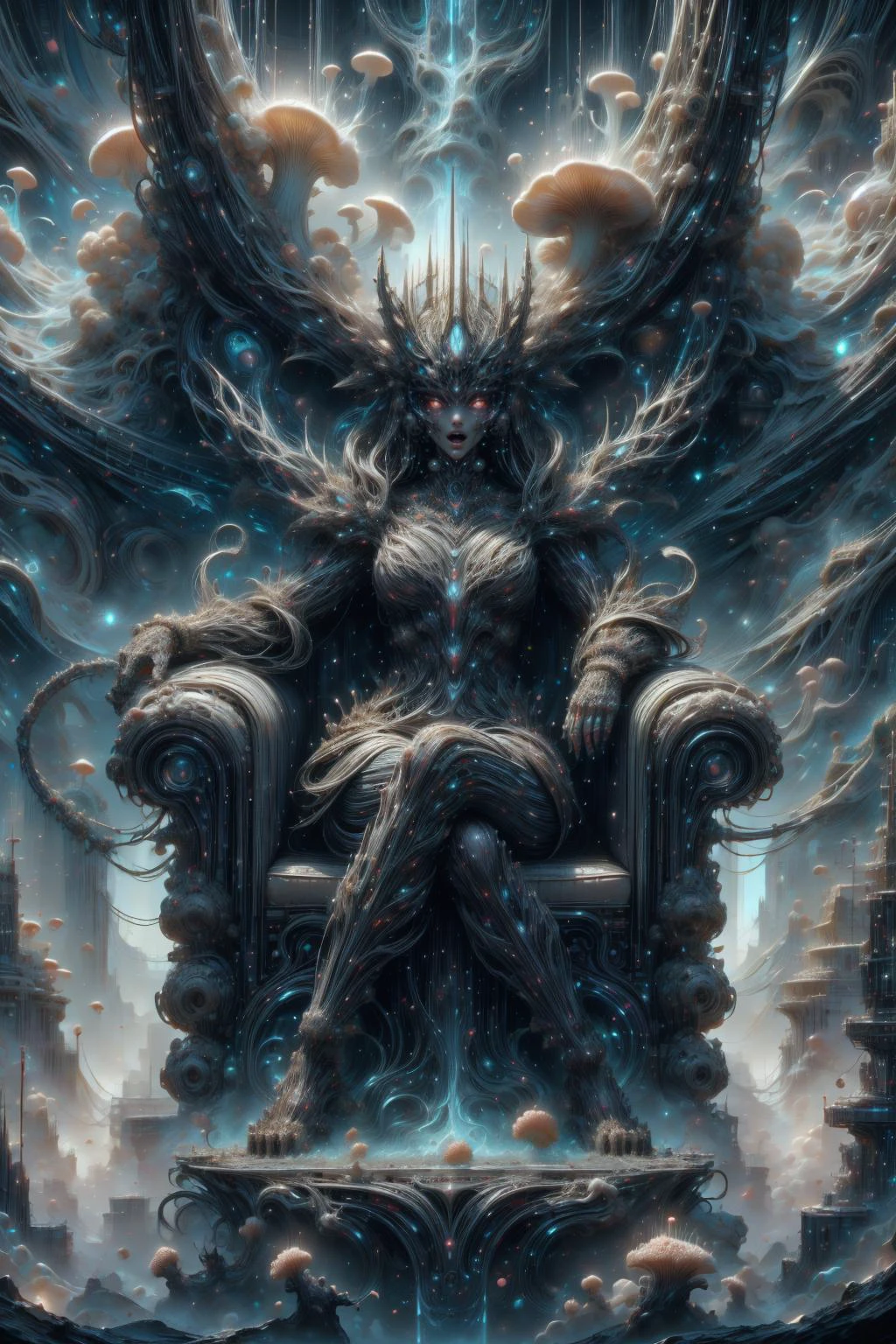 (masterpiece:1.1), (best quality:1.1), (vibrant colors:1.2), BREAK,
(esoteric:1.1), (science fiction:1.0), (glowing:1.0), (glimmering:1.0), (glittering:1.0), (bilateral symmetry:1.1), BREAK,
(solo:1.2), (close up:1.1), (god:1.0), (sitting on a throne:1.0), (glowing eyes:1.0), (open mouth:1.1), (dissolving:1.0), (ethereal:1.0), (psychedelic:1.1), (mycelia:1.2), (abyssaltech:1.0), (dark energy:1.0), (abyss:1.0), <lora:AbyssalTech-20:0.8>, <lora:MyceliumTech-21:1.2>,