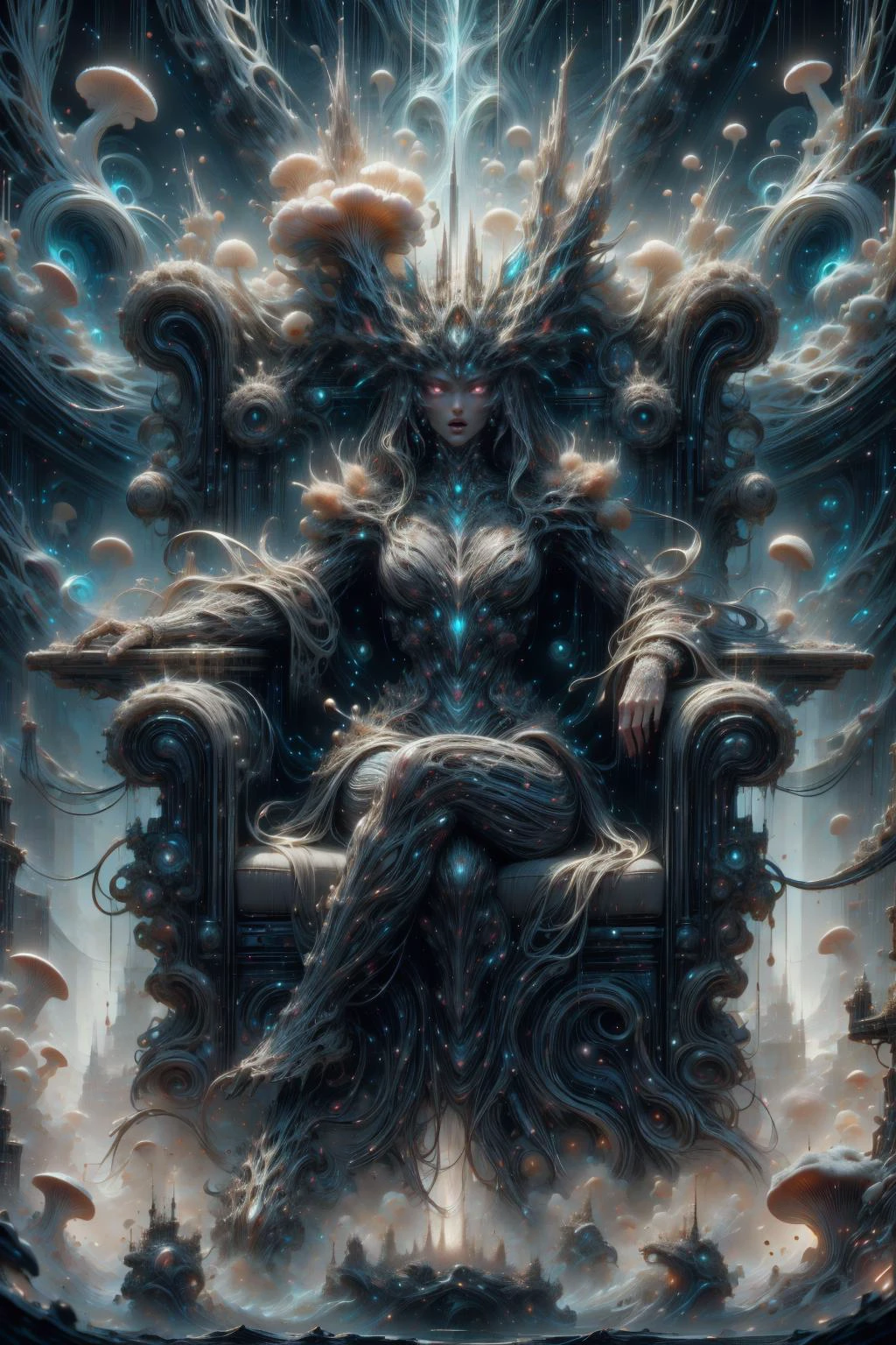 (masterpiece:1.1), (best quality:1.1), (vibrant colors:1.2), BREAK,
(esoteric:1.1), (science fiction:1.0), (glowing:1.0), (glimmering:1.0), (glittering:1.0), (bilateral symmetry:1.1), BREAK,
(solo:1.2), (close up:1.1), (god:1.0), (sitting on a throne:1.0), (glowing eyes:1.0), (open mouth:1.0), (dissolving:1.0), (ethereal:1.0), (psychedelic:1.1), (mycelia:1.2), (abyssaltech:1.0), (dark energy:1.0), (abyss:1.0), <lora:AbyssalTech-20:0.8>, <lora:MyceliumTech-21:1.2>,