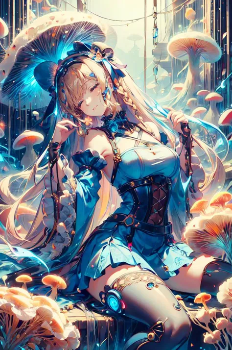 ultra detailed, masterpiece, best quality, solo, soft smile, light smile, white and blue theme, blue clothes, sleeping, head tilt, against wall, absurdly long hair, 
1girl, very long hair, blonde hair, long blonde hair, french braid, bangs, medium breasts,
hair ribbon, frilled choker, criss-cross halter, sleeveless dress, high-waist skirt, backless dress, waist bow, detached sleeves, frilled sleeves, wide sleeves, pantyhose, patterned legwear, mary janes,   <lora:MyceliumTech:1> myceliumtech, scifi, Psychedelic , Mycelia, spongy, mushroom girl,