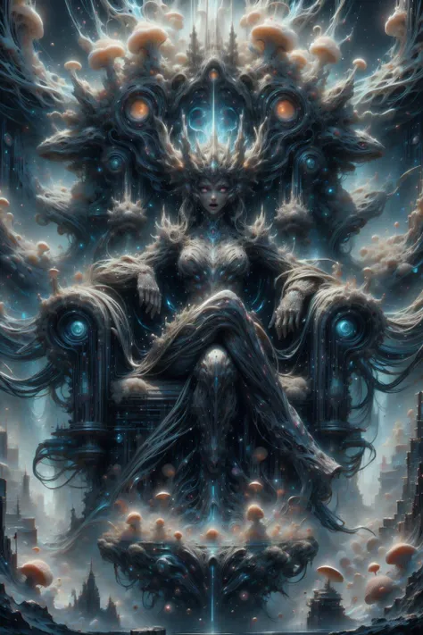 (masterpiece:1.1), (best quality:1.1), (vibrant colors:1.2), BREAK,
(esoteric:1.1), (science fiction:1.0), (glowing:1.0), (glimmering:1.0), (glittering:1.0), (bilateral symmetry:1.1), BREAK,
(solo:1.2), (close up:1.1), (god:1.0), (sitting on a throne:1.0), (glowing eyes:1.0), (open mouth:1.0), (dissolving:1.0), (ethereal:1.0), (psychedelic:1.1), (mycelia:1.2), (abyssaltech:1.0), (dark energy:1.0), (abyss:1.0), <lora:AbyssalTech-20:0.8>, <lora:MyceliumTech-21:1.2>,
