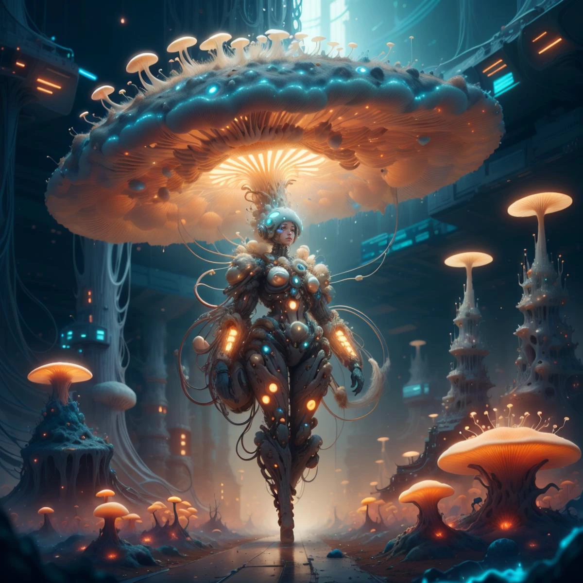 <lora:MyceliumTech-21:0.8>, myceliumtech , scifi, Psychedelic ,Mycelia,spongy,
1girl, full body, on a hill