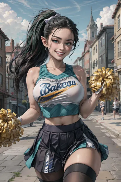 looking at viewer, happy, <lora:CheerleaderCL:0.6> CheerleaderCL, pom_pom_(cheerleading), holding pom poms, cheerleader uniform, skirt, croptop, best quality, masterpiece, highres, <lora:more_details:0.65>, 1girl, solo, <lora:Orc Girl LoRA:0.5>, <lora:ColoredSkin:0.9>, beautiful girl, pointy ears, (malicious grin):2, (dark green skin):2, big high ponytail, black hair:2, green pupils, <lora:So-called breasts slider:-0.4> large breasts, medieval town, outdoors, colorful banners, cobblestone streets, bustling, lively