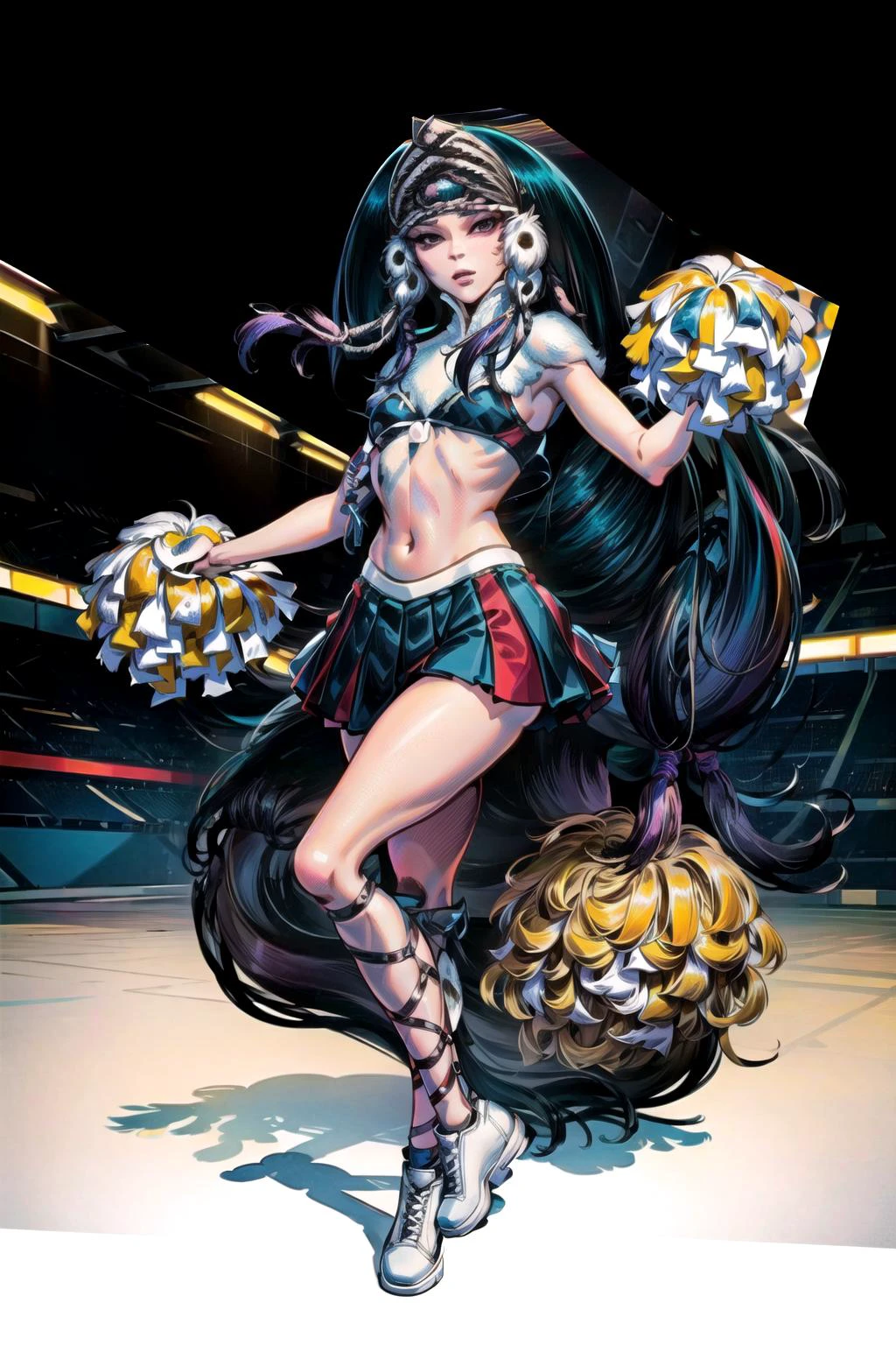 looking at viewer, <lora:CheerleaderCL:0.6> CheerleaderCL, pom_pom_(cheerleading), holding pom poms, <lora:Elfquest_Winnowill_V2:0.8> winnowill, lace up shoes, best quality, masterpiece, highres, <lora:more_details:0.65>