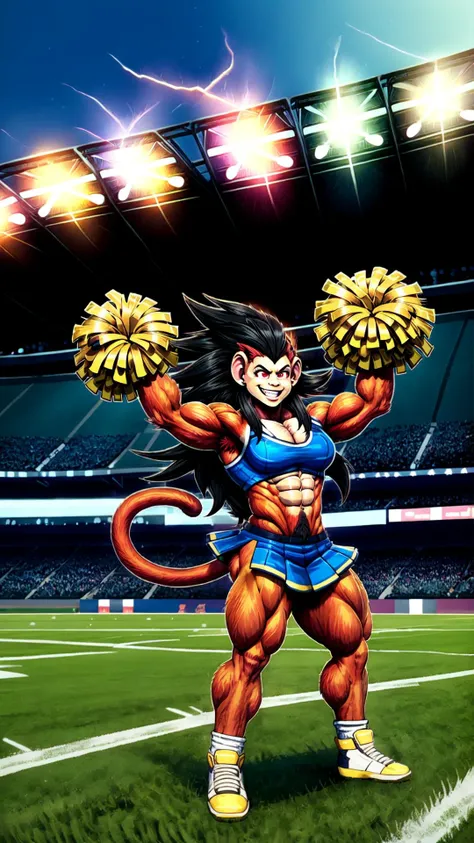 <lora:CheerleaderCL:0.8> CheerleaderCL, pom pom (cheerleading), holding pom poms, stadium, stadium lights, grass, footbal field, cheering, smile, <lora:SSJ4_V1_Beta - Keichi Sensei:0.8> ssj4 girl, rays, muscular, body fur, monkey tail, spiked hair, super saiyan, long hair, black hair
