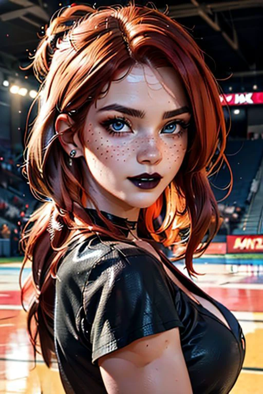 a Redhead amazon girl with (freckles), bright red hair, long hair, sidelocks, cowboy shot, blue eyes, confident smile, bttrfrckl,
beautiful, masterpiece, best quality, ((adult)), extremely detailed face, perfect lighting, 1girl, solo, photorealistic, hi res, hyperdetailed , ultrarealistic,
bttrfrckl, wendy corduroy, cleavage, GothicC, CheerleaderCL, pom_pom_(cheerleading), holding pom poms ,makeup, eyeshadow, black lips