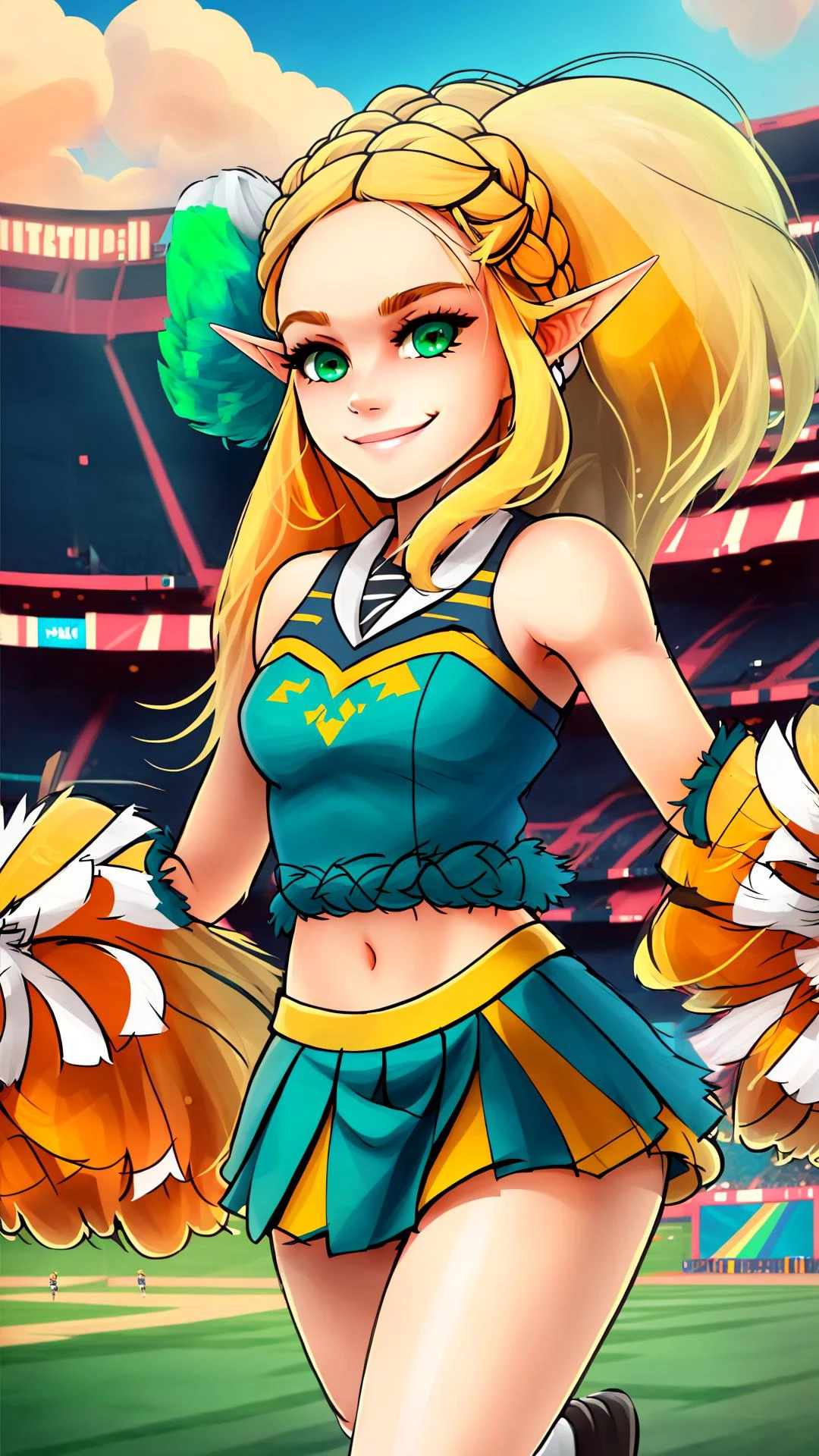 <lora:CheerleaderCL:0.8> CheerleaderCL, pom pom (cheerleading), holding pom poms, stadium, stadium lights, grass, footbal field, cheering, smile, <lora:Zelda:0.8> zelda, blonde hair, long hair,green eyes, pointy ears, crown braid,