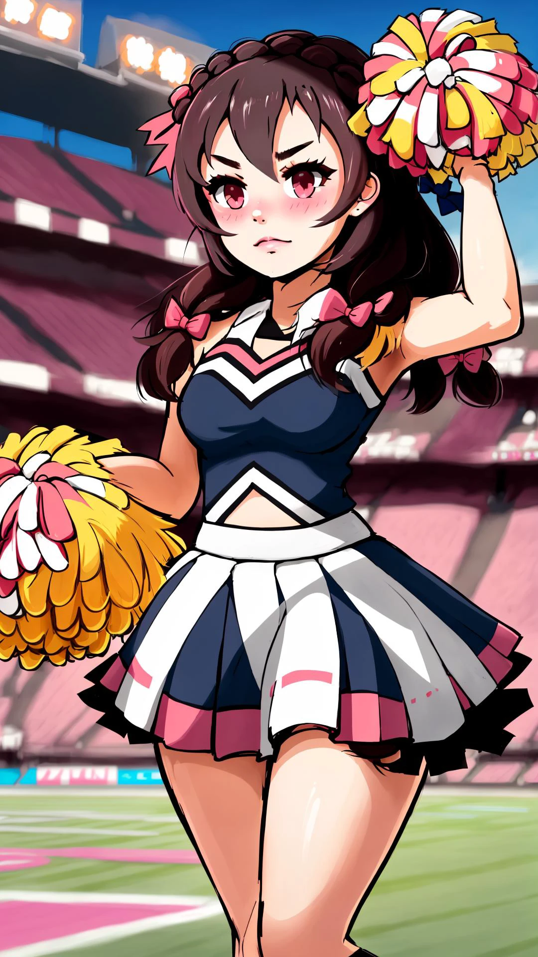 <lora:CheerleaderCL:0.7> CheerleaderCL, pom pom (cheerleading), holding pom poms, stadium, stadium lights, grass, footbal field, <lora:konosuba_yunyun:0.8> yunyun, crown braid, hair ornament, hair bow, falling, blush,
