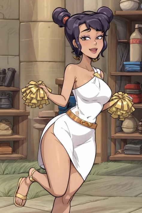looking at viewer, happy, <lora:CheerleaderCL:0.6> CheerleaderCL, pom_pom_(cheerleading), holding pom poms, <lora:Krapopolis_Deliria:0.5> deliria, white dress, bare shoulders, side slit, belt, sandals:0.7, best quality, masterpiece, highres, <lora:more_details:0.65>
