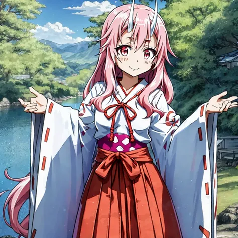shuna, 1girl, arm behind back, hair ornament, hakama, hakama skirt, horns, japanese clothes, kimono, long hair, looking at viewer, miko, oni, oni horns, pink eyes, pink hair, red eyes, red hakama, red ribbon, ribbon-trimmed sleeves, ribbon trim, simple background, skirt, smile, solo, standing, very long hair, white background, white kimono, wide sleeves <lora:shuna 150 steps lion v1-000002:0.72>
