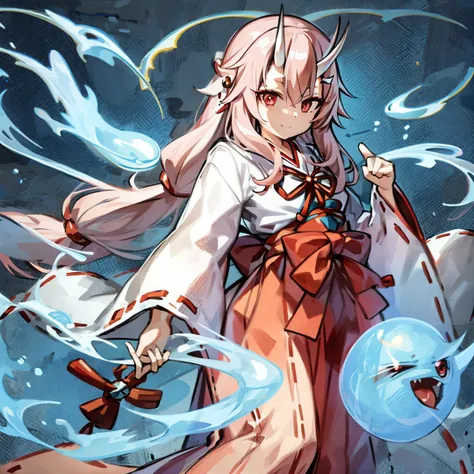 masterpiece, best quality, ultra-detailed, illustration, 1girl, solo, hair ornament, hakama, hakama skirt, (horns:1.18), japanese clothes, kimono, long hair, looking at viewer, miko, oni, oni horns, pink eyes, pink hair, red eyes, red hakama, red ribbon, ribbon-trimmed sleeves, ribbon trim, simple background, skirt, smile, solo, standing, very long hair, white background, white kimono, wide sleeves, slime (creature), <lora:shuna 150 steps lion v1-000002:0.63>