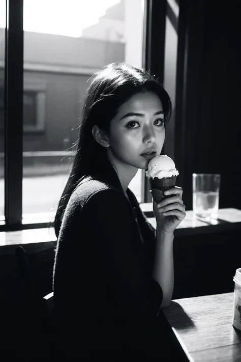 (dramatic lighting:1.2), looking at viewer, 1girl, eat ice cream, caffe, raw photo, <lora:LowRA:0.4>, film scene, (film overlay, film grain:1.3), (high contrast, dim light), <lora:Heavy_grain:0.4>