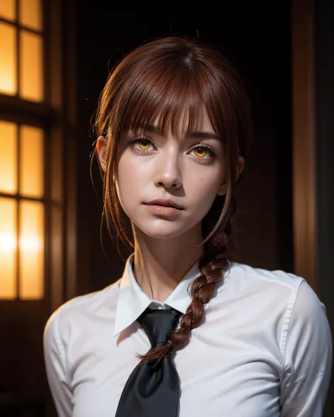 1girl, (dramatic lighting:1.2), waist up, looking at viewer, 1girl, aged_up, mature female, solo, looks at the viewer, makima, braid, red hair, braided ponytail, yellow eyes, ((ringed eyes)), white shirt, black necktie, <lora:makima51(best):1>, closed mouth, smirk, smug, city background, arms behind back