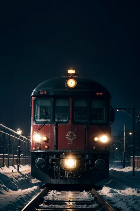 dark night, dark theme, heavy snowing, platform, red train, (masterpiece),((ultra-detailed)), (highly detailed CG illustration),(expressionless), (best quality:1.2), High quality texture, intricate details, detailed texture, High quality shadow, Cinematic Light, Depth of field, light source contrast, perspective,20s, (ulzzang-6500-v1.1:0.5), <lora:epi_noiseoffset2:1>, <lora:add_detail:0.8>,