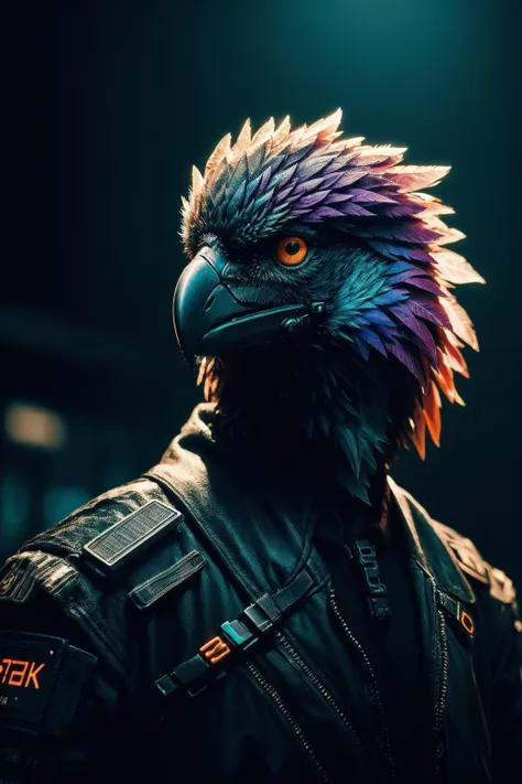 Cyberpunk Bird, Portrait Intricate Details,Perfect Composition,High Contrast,Atmospheric,Moody,Raw photo,realistic,cinematic lighting,soft shadows,sharp focus,fractal,colorful,depth of field,best quality,16k resolution,