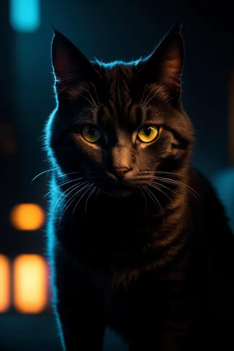 Cyberpunk cat, Portrait Intricate Details,Perfect Composition,High Contrast,Atmospheric,Moody,Raw photo,realistic,cinematic lighting,soft shadows,sharp focus,fractal,colorful,depth of field,best quality,16k resolution,