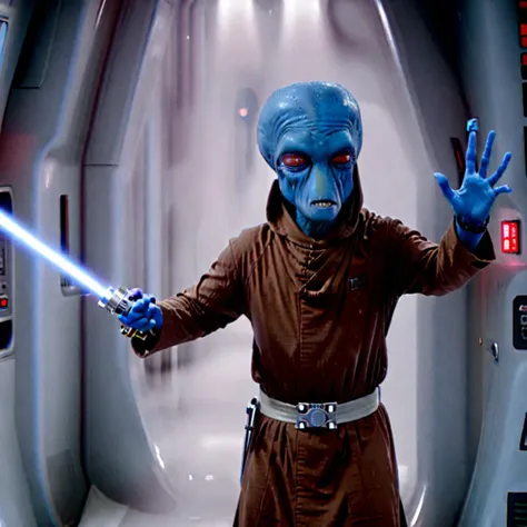 a male duros alien, blue skin, blue hand, wielding a blue lightsaber, wearing plain brown robes, in the hallway of a spaceship, dim light <lora:duros_alpha2-000006:1>