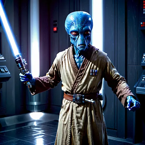 a male duros alien, blue skin, blue hand, wielding a blue lightsaber, wearing plain brown and beige robes, in the hallway of the death star, dim light <lora:duros_alpha2-000006:0.8>