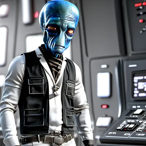 professional 3d model a male duros alien in a white shirt and a black vest <lora:duros_alpha2-000006:1> . octane render, highly detailed, volumetric, dramatic lighting
