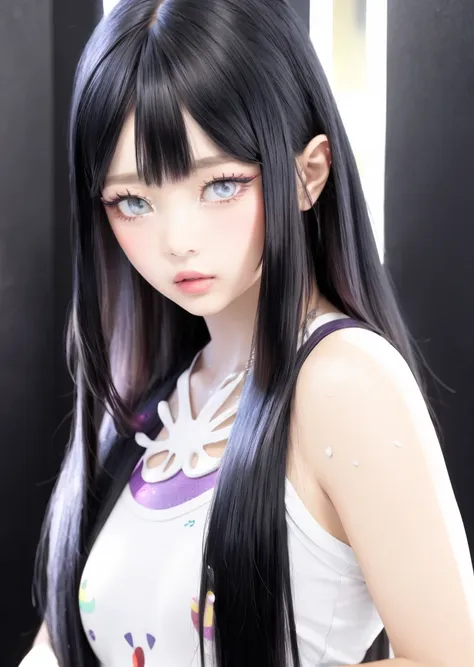 1girl, solo, upper body, looking at viewer, white background, long hair, multicolored hair, makeup, parted lips, eyeliner, cute, IDOL, <lora:add_detail:0.6> , purple eyes, <lora:Hanni-01 (1):1>