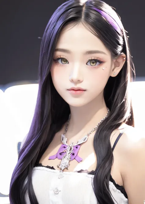 an anime girl posing on the floor is in a dress, in the style of dark purple and light gold, precise and lifelike, eerily realistic, celestialpunk, heistcore, porcelain, exaggerated facial features 