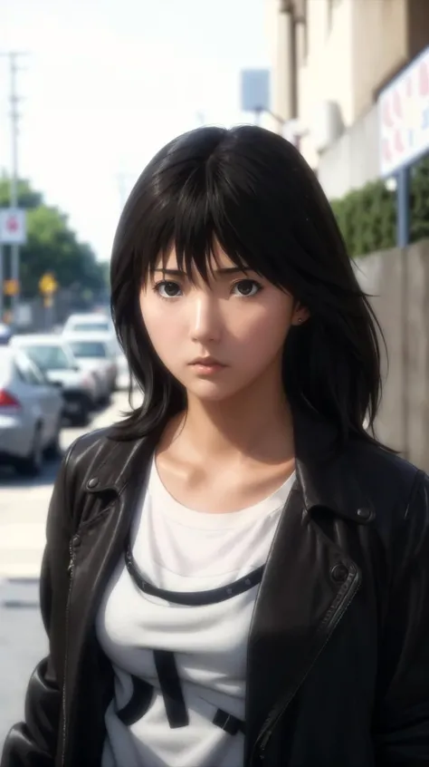 (masterpiece), best quality
<lora:Misaki-002:0.8> solo,
1girl, brown eyes, black hair
(stern look,),
(sad, distracted:1.1)
streets background,