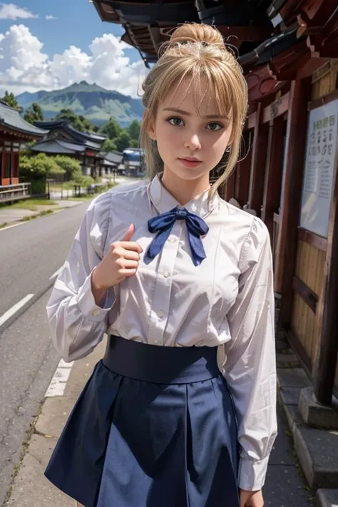 (Fujifilm X-T3, 90 mm, 1/250 sec, f/2, ISO 160), portrait of british girl, solo, ccsaber, (light-blonde hair, ahoge, hair bun), green eyes, emotionless, (white shirt, navy-blue ribbon, navy-blue skirt, black pantyhose), <lora:artoria_pendragon_v2:0.8>, 
sun, blue sky, (standing on the road, front of Shinto shrine), (female hands, one hand thumb up), fcPortrait, <lyco:GoodHands-beta2:1.5>