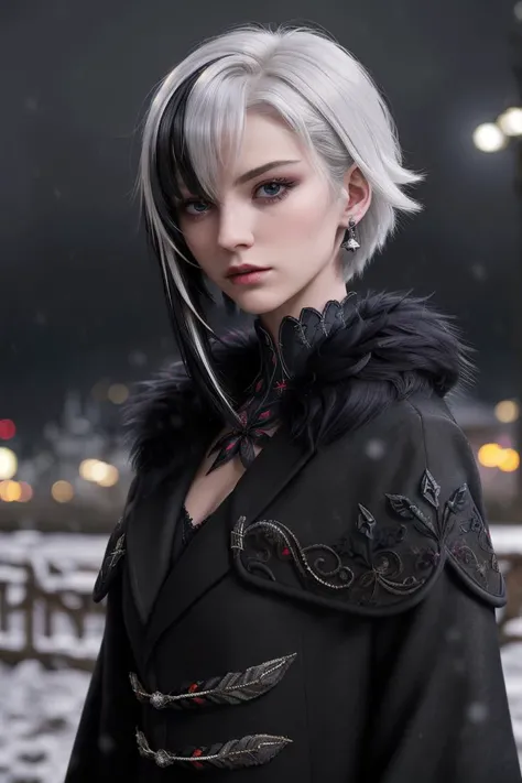 (masterpiece), (extremely intricate:1.3), (realistic), portrait of european girl, solo, 20yo, beautiful face, x shaped pupils, black hair, multicolored hair, fur trim, red pupils, x-shaped pupils, symbol-shaped pupils, short hair, white hair, hair between eyes, streaked hair, fur-trimmed coat, jewelry, earrings, black eyes, bangs, upper body, night, snowing, cold, far away castle, sharp focus, film grain, dramatic, slate atmosphere, lut, spooky, depth blur, blurry background dof, bokeh, Arlecchino(genshin impact) <lora:arlecchino:1>