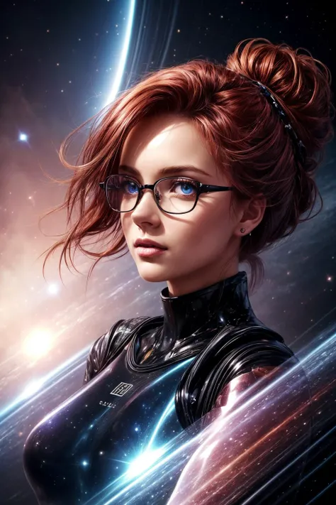 masterpiece, highest quality, 8k, hyperrealism, close up from low angle, dynamic Dutch tilt, isometric perspective, 1girl, cute, nerdy, half german half polish, red hair updo, blue eyes, (detailed face and eyes), glasses, full body iridescent bodysuit, cinematic scene, candid, cosmic space, fantasy atmosphere, br_max, <lora:br_max-000014:0.3>, <lora:difConsistency_detail:0.6>